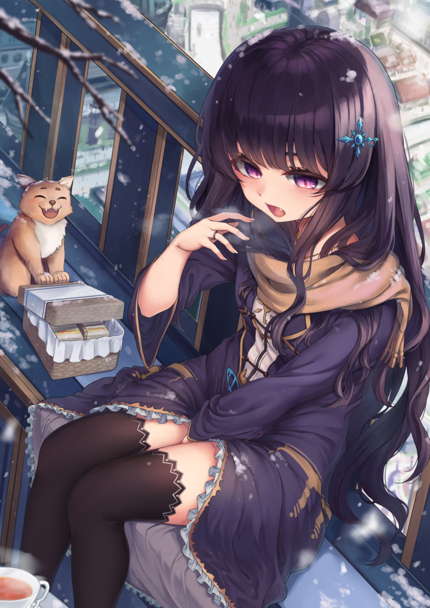 1girl balcony bangs basket between_legs black_hair black_legwear blunt_bangs blush breath cat cup dress eyebrows_visible_through_hair fang food frilled_dress frills hair_ornament hand_between_legs hand_up highres jewelry long_hair long_sleeves mizuiro_raika open_mouth original outdoors purple_dress ring sandwich scarf sitting snowing solo tea teacup thigh-highs town very_long_hair violet_eyes winter yellow_scarf