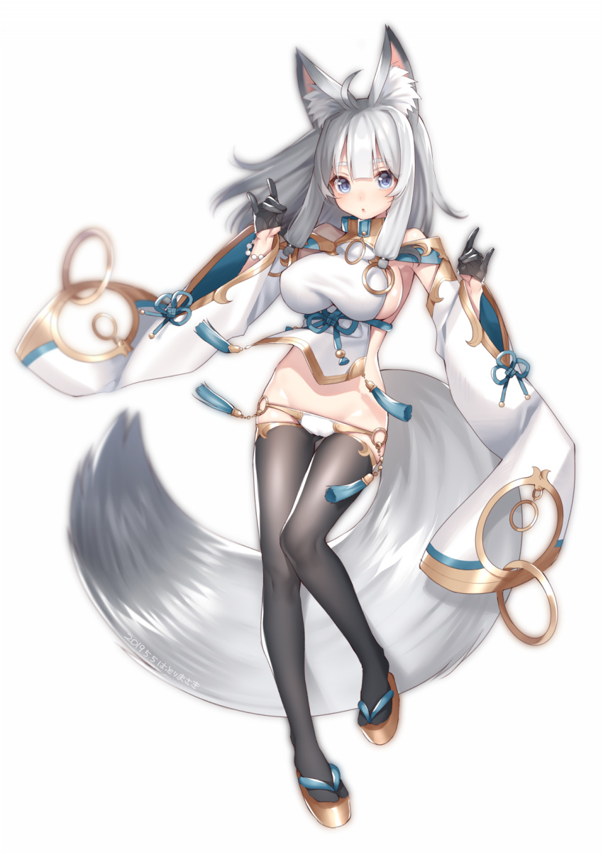 1girl :o ahoge animal_ear_fluff animal_ears bangs bare_shoulders black_gloves black_legwear blue_eyes blush breasts commentary_request dated double_fox_shadow_puppet fox_ears fox_girl fox_shadow_puppet fox_tail full_body gloves groin hands_up hattori_masaki highres large_breasts large_tail long_hair looking_at_viewer midriff navel original panties parted_lips platform_footwear revealing_clothes sideboob silver_hair solo tail taut_clothes thigh-highs underwear white_panties