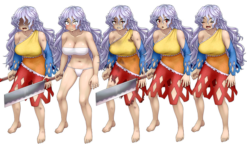 5girls :d ^_^ bandage bangs bare_arms bare_legs bare_shoulders barefoot blush breasts cleavage clenched_teeth closed_eyes closed_eyes collarbone commentary_request constricted_pupils daajirin.koucha detached_sleeves dress eyebrows_visible_through_hair fang fangs full_body fundoshi hair_between_eyes hatchet holding holding_weapon japanese_clothes large_breasts long_hair long_sleeves looking_at_viewer messy_hair multicolored multicolored_clothes multicolored_dress multiple_girls multiple_persona open_mouth orange_dress oriental_hatchet red_dress red_eyes sakata_nemuno sarashi shaded_face sharp_teeth silver_hair simple_background single_strap smile standing teeth thighs touhou v-shaped_eyebrows very_long_hair weapon white_background wide_sleeves yellow_dress