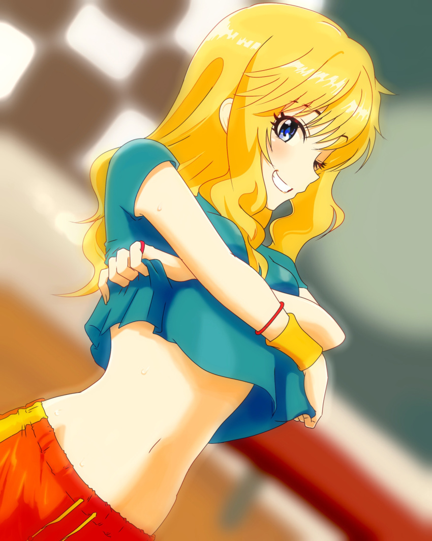 1girl absurdres blonde_hair blue_eyes blue_shirt blurry blurry_background bracelet cropped_arms dutch_angle grin highres idolmaster idolmaster_cinderella_girls jewelry lifted_by_self long_hair looking_at_viewer midriff navel ootsuki_yui orange_pants ring shiki_(0802makimari) shirt shirt_lift smile solo standing stomach upper_body wristband
