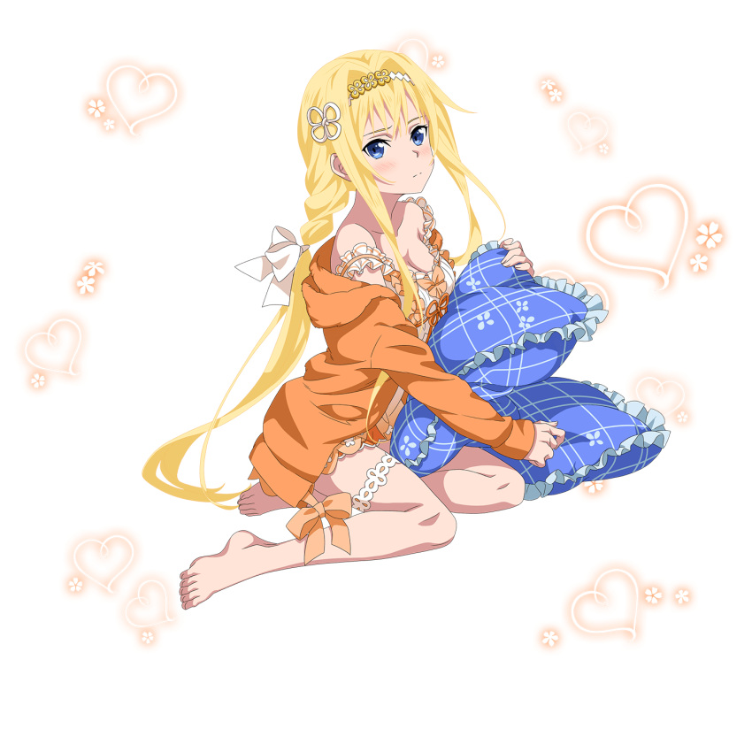 1girl alice_schuberg blonde_hair blue_eyes blush bow braid braided_ponytail breasts cardigan cleavage collarbone frilled_pillow frills full_body hair_between_eyes hair_intakes hairband heart highres hooded_cardigan long_hair looking_at_viewer medium_breasts official_art open_cardigan open_clothes orange_bow pillow single_braid solo sword_art_online thigh_strap transparent_background very_long_hair