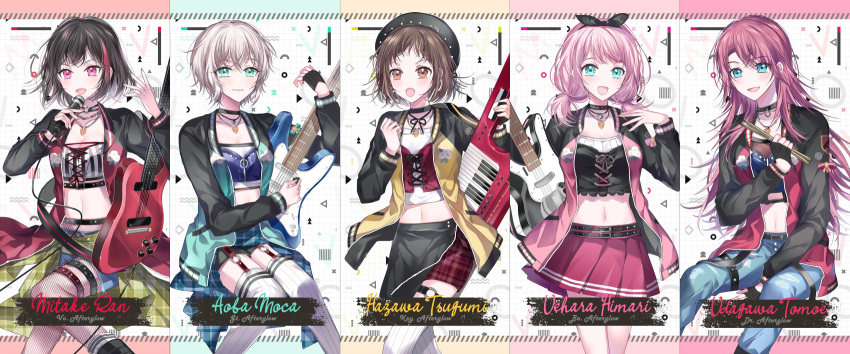 5girls :d :o afterglow_(bang_dream!) aoba_moca aqua_jacket bang_dream! bangs bass_guitar belt beret between_legs black_choker black_gloves black_hair black_headwear black_ribbon black_shirt blue_eyes blue_shirt bob_cut brown_eyes brown_hair character_name choker clenched_hand clothes_around_waist commentary_request crop_top cross-laced_clothes denim drumsticks electric_guitar fingerless_gloves fishnet_legwear fishnets garter_straps gloves green_eyes grey_hair group_name guitar hair_ribbon hand_between_legs hat hazawa_tsugumi highres holding holding_instrument holding_microphone instrument invisible_chair jacket jeans jewelry keytar long_hair long_sleeves looking_at_viewer low_twintails microphone midriff mitake_ran multicolored_hair multiple_girls navel nennen open_mouth pants pendant pink_hair pink_jacket pink_skirt plaid plaid_shirt pleated_skirt raglan_sleeves red_eyes red_jacket red_shirt redhead ribbon shirt shirt_around_waist short_hair short_shorts shorts single_fingerless_glove sitting skirt smile streaked_hair striped striped_shirt thigh-highs thigh_strap twintails udagawa_tomoe uehara_himari v-shaped_eyebrows vertical-striped_shirt vertical_stripes yellow_jacket yellow_shirt