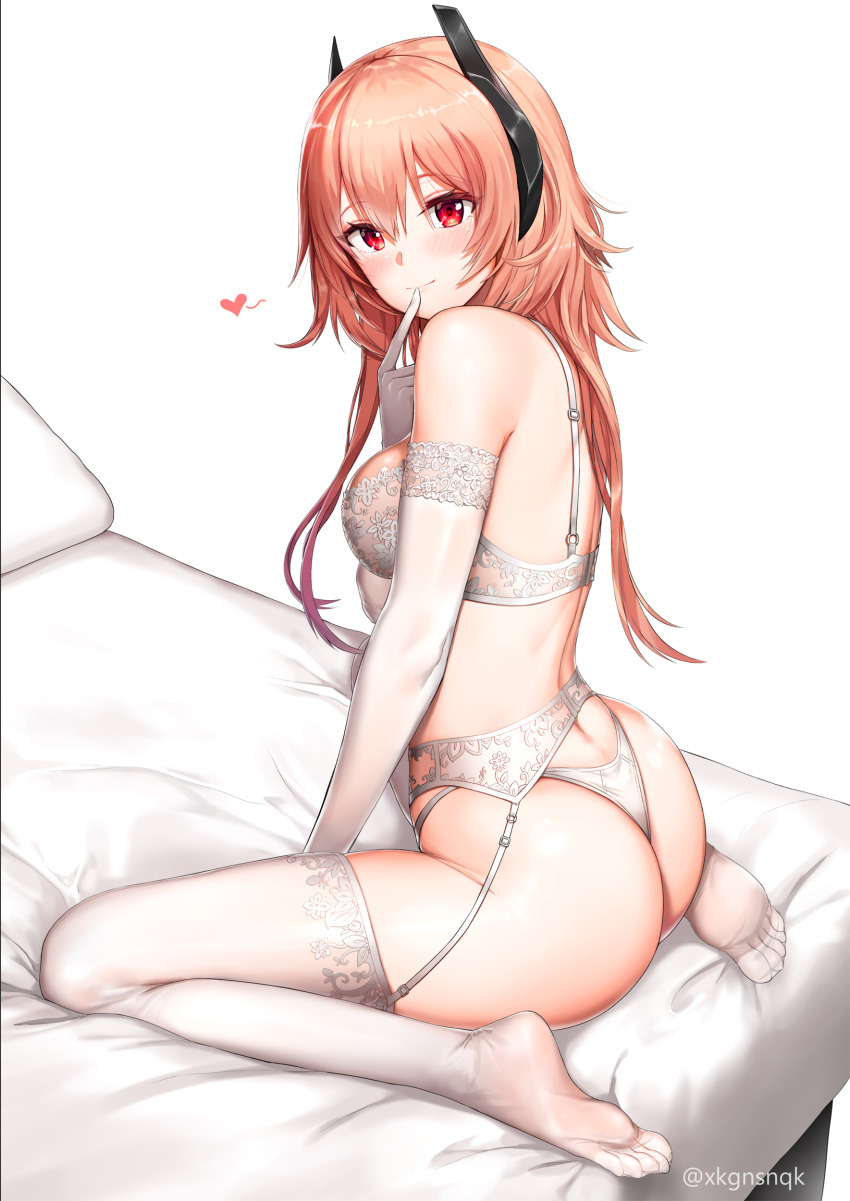 1girl absurdres ass back bangs bare_shoulders blush bra breasts closed_mouth feet garter_belt girls_frontline greem_bang hair_between_eyes heart highres index_finger_raised legs long_hair looking_at_viewer looking_back m4_sopmod_ii_(girls_frontline) on_bed orange_hair panties red_eyes sitting smile solo thighs underwear wariza white_background white_bra white_panties