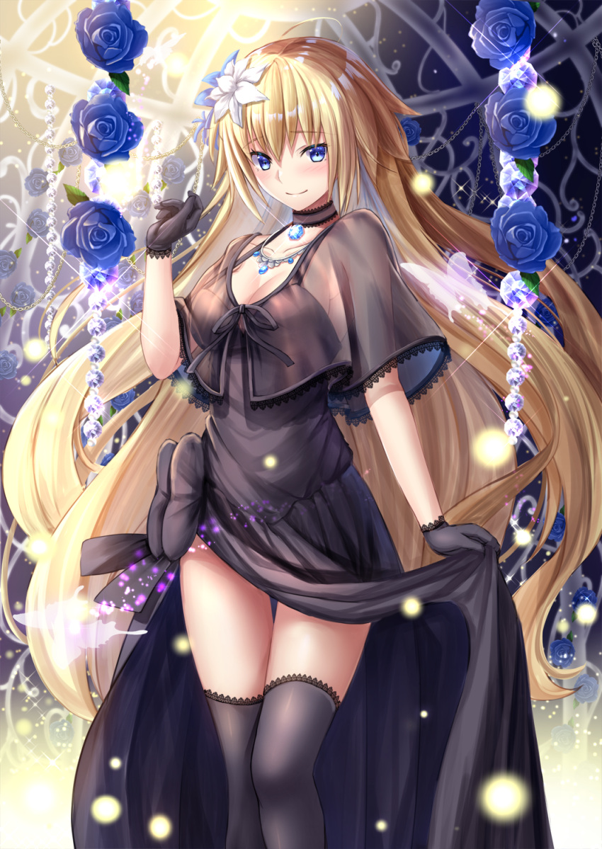 1girl bangs black_bow black_capelet black_dress black_gloves black_legwear black_ribbon blonde_hair blue_eyes blue_flower blue_rose blush bow breasts capelet cleavage closed_mouth collarbone commentary_request dress eyebrows_visible_through_hair fate/grand_order fate_(series) flower gloves hair_between_eyes hair_flower hair_ornament hand_up highres jeanne_d'arc_(fate) jeanne_d'arc_(fate)_(all) long_hair medium_breasts ribbon rose see-through sleeveless sleeveless_dress smile solo standing thigh-highs toshi_(1-147) very_long_hair white_flower