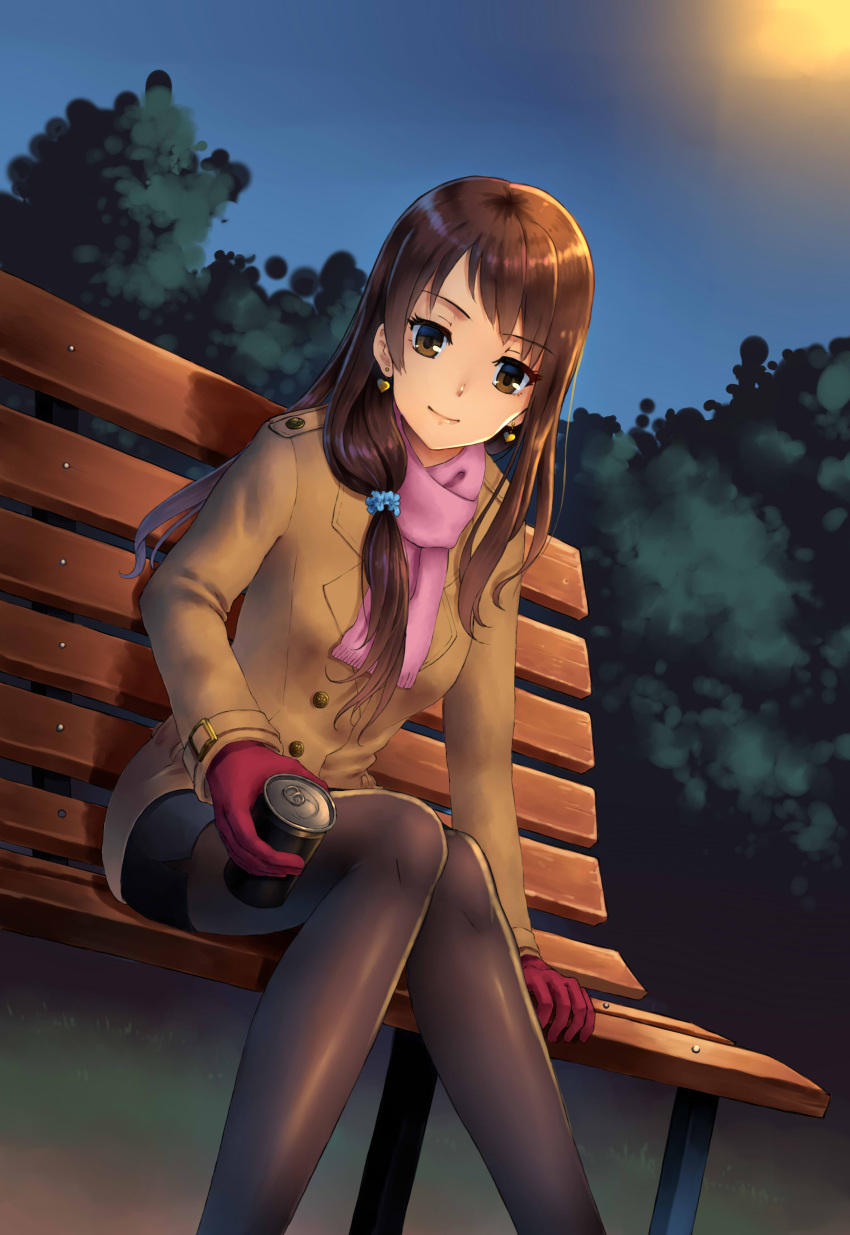 1girl absurdres bench black_legwear black_skirt blue_sky brown_eyes brown_hair can canned_coffee coat doris20140830 dutch_angle earrings gloves heart heart_earrings highres holding holding_can jewelry knees_together_feet_apart long_hair looking_at_viewer original outdoors pantyhose pencil_skirt pink_scarf red_gloves scarf sitting skirt sky smile solo