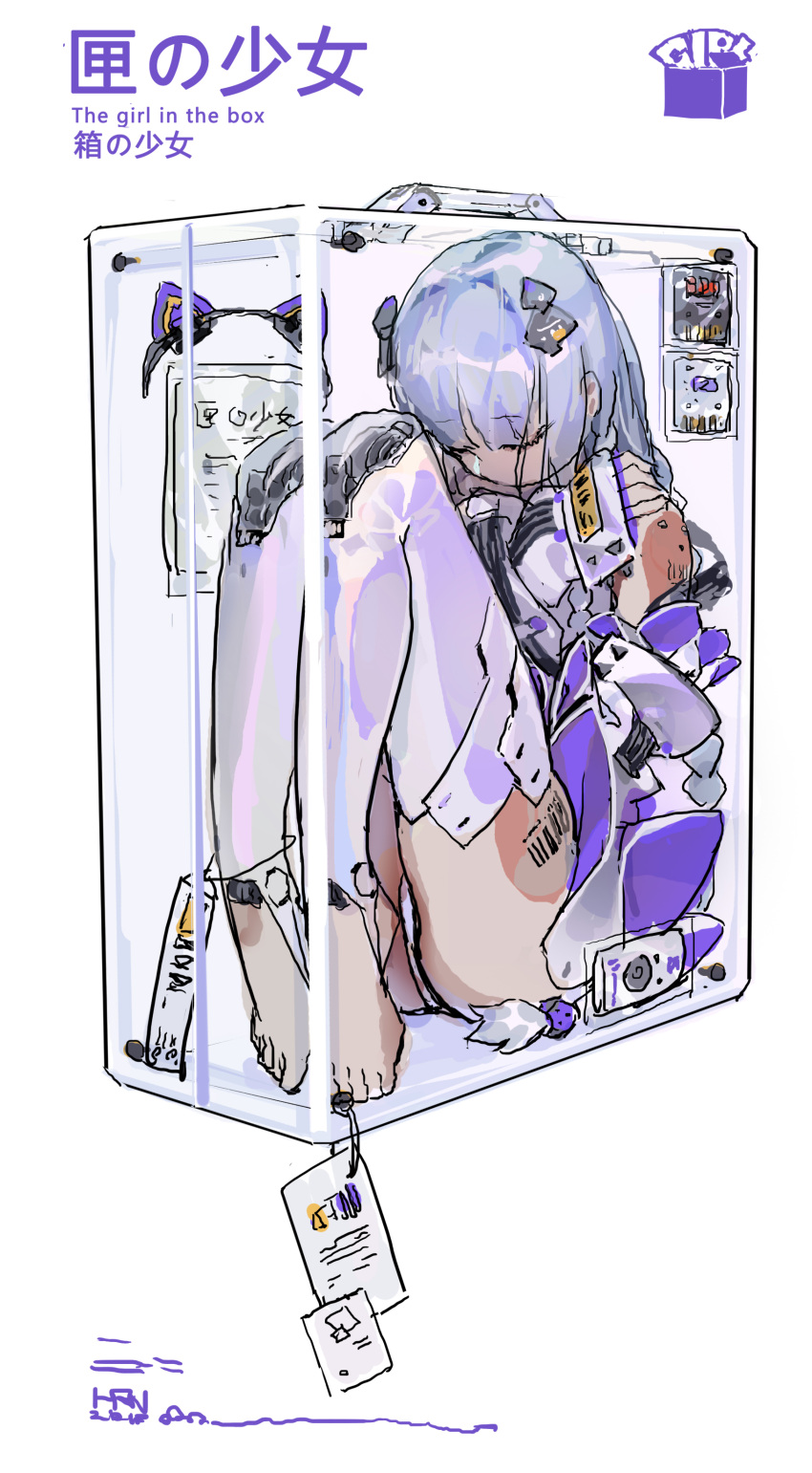 1girl absurdres android bangs barefoot box closed_eyes english_text eyebrows_visible_through_hair fetal_position han-0v0 highres in_box in_container knees_up long_hair original robot_joints sitting solo tag white_background