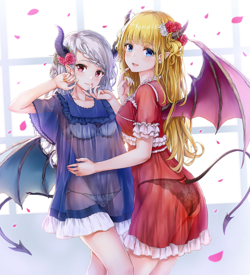 2girls :d armpits ass blonde_hair blue_dress blue_eyes blush bra breasts closed_mouth collarbone cowboy_shot demon_girl demon_horns demon_tail demon_wings dress flower frills groin hair_flower hair_ornament hands_up highres horns long_hair looking_at_viewer looking_back medium_breasts multiple_girls nail_polish open_mouth original panties petals pointy_ears red_dress red_eyes red_nails rose see-through short_sleeves sidelocks silver_hair smile tail thighs tokeshi underwear white_bra white_panties wings yellow_nails