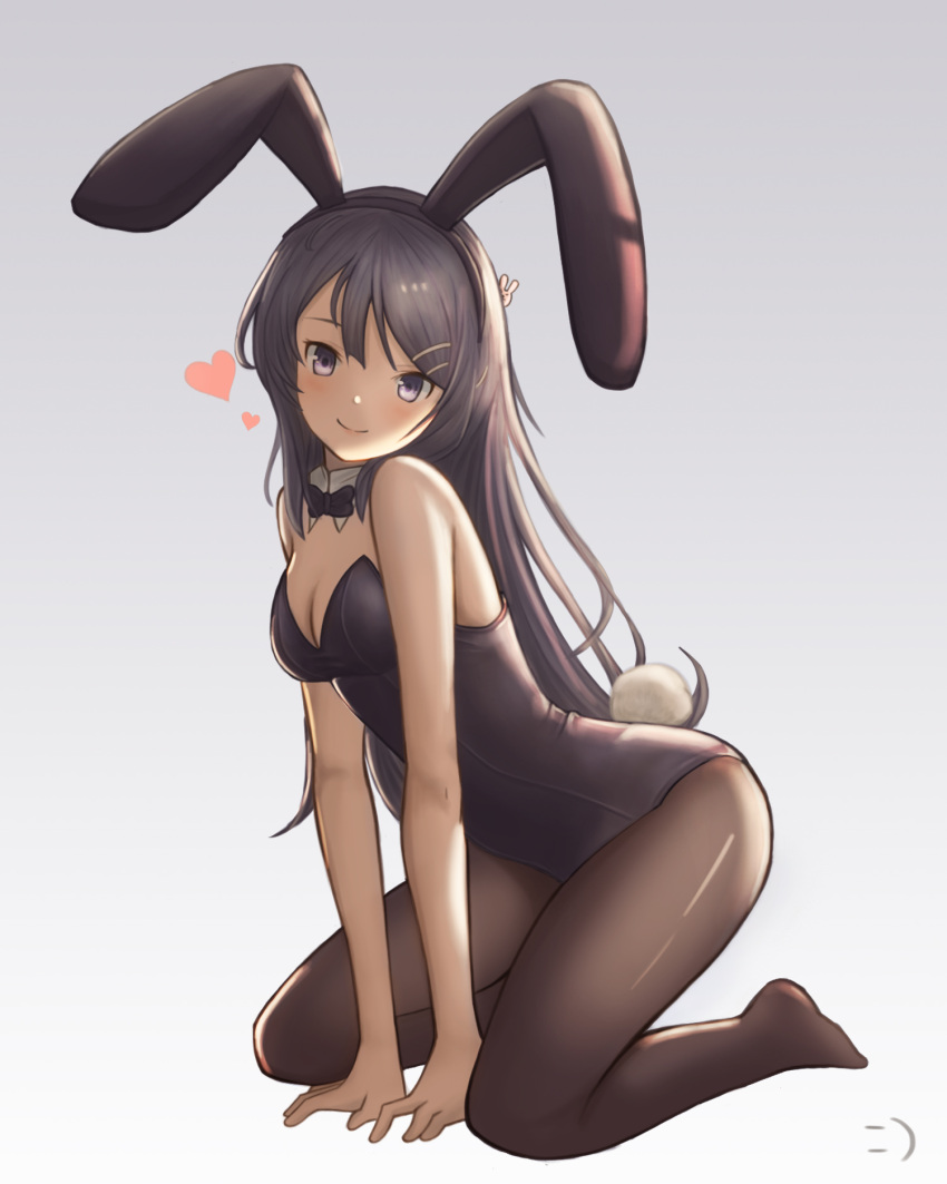 1girl animal_ears bare_arms bare_shoulders black_hair black_legwear black_leotard black_neckwear bow bowtie breasts bunnysuit cleavage commentary_request detached_collar hair_ornament hairclip heart highres kneeling large_breasts leotard long_hair looking_at_viewer pantyhose rabbit_ears red_heart sakurajima_mai seishun_buta_yarou smile_(dcvu7884) smiley_face solo strapless strapless_leotard violet_eyes wrist_cuffs