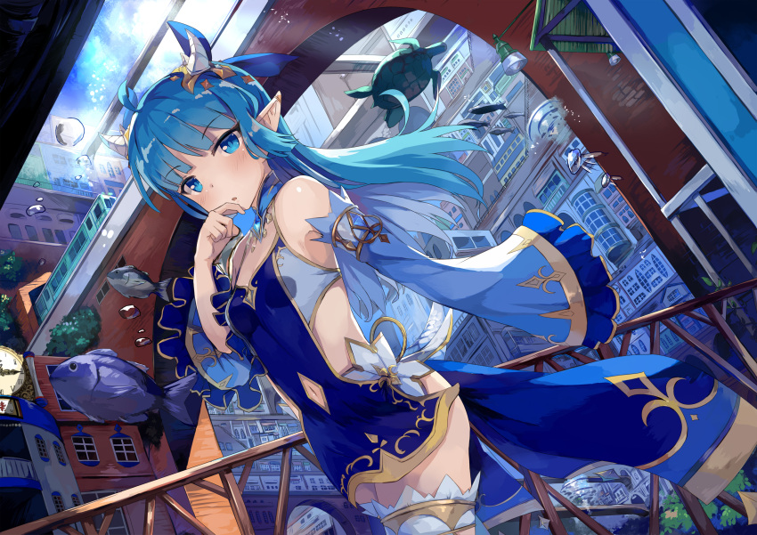 1girl :o ahoge air_bubble animal blue_dress blue_eyes blue_hair blue_sky blue_sleeves blush bubble building clock clouds cloudy_sky commentary_request day detached_sleeves dress dutch_angle fish floating_hair gradient_hair ground_vehicle highres jellyfish king's_raid lamp lilia_(king's_raid) long_hair long_sleeves looking_at_viewer multicolored_hair outdoors parted_lips pointy_ears roman_numerals seneto short_dress sky sleeveless sleeveless_dress sleeves_past_fingers sleeves_past_wrists solo train turtle underwater very_long_hair wide_sleeves window