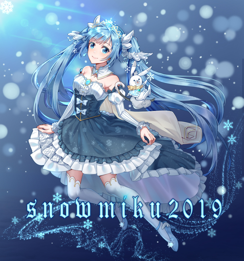 1girl 2019 backless_dress backless_outfit blue_background blue_eyes blue_footwear blue_hair character_name detached_collar detached_sleeves dress eyebrows_visible_through_hair floating_hair full_body hair_ornament hatsune_miku high_heels highres hiroshi_taeru_qwq layered_skirt lens_flare long_hair long_sleeves looking_at_viewer pleated_skirt pumps shiny shiny_hair skirt sleeveless sleeveless_dress smile snowflake_hair_ornament solo striped striped_dress striped_sleeves thigh-highs twintails very_long_hair vocaloid white_background white_legwear white_sleeves yuki_miku