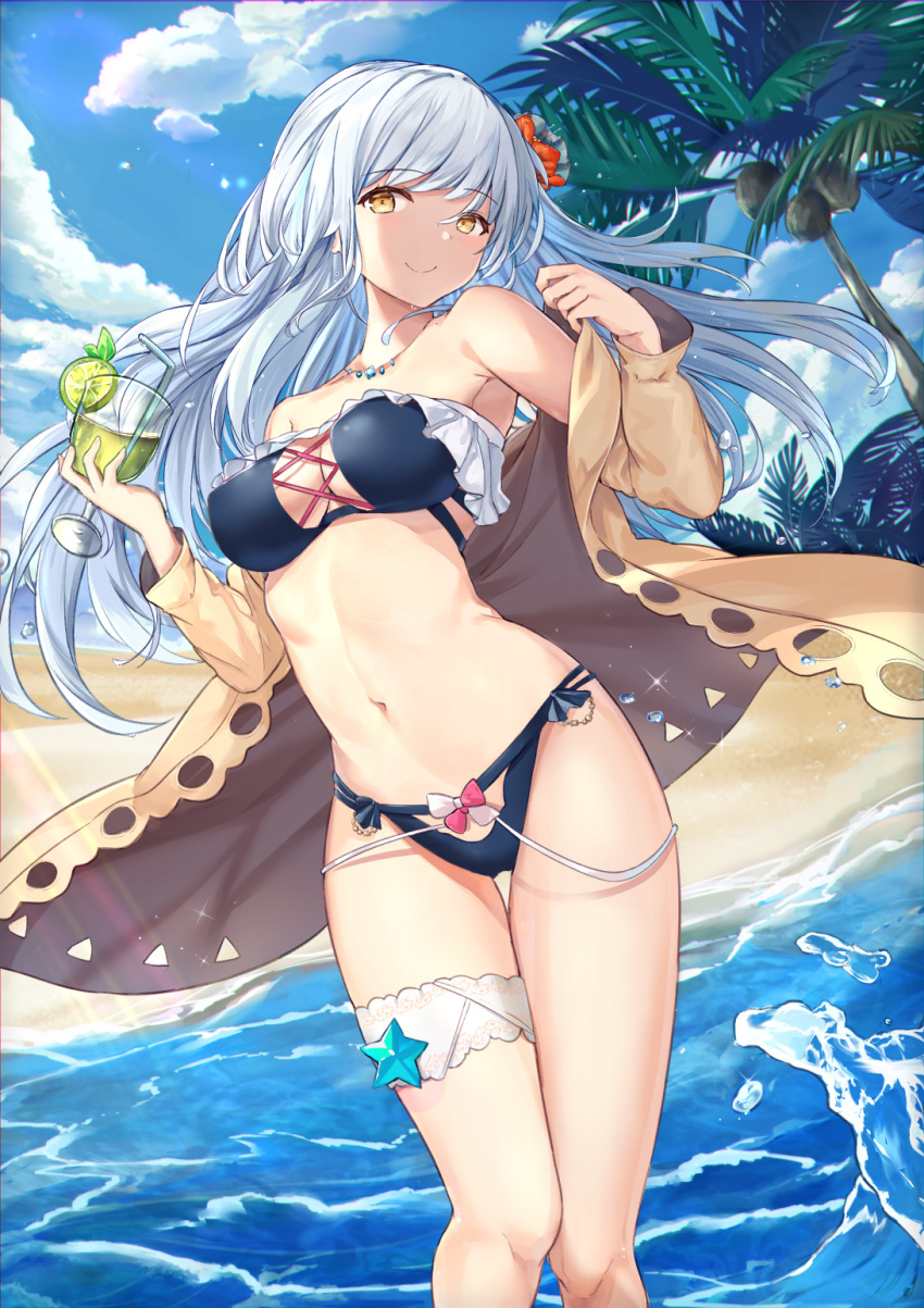 1girl bare_shoulders beach bikini black_bikini blue_bikini blue_sky bow breasts brown_eyes brown_jacket cleavage clouds cloudy_sky coconut collarbone cup day drinking_straw erect_nipples floating_hair flower frilled_bikini frills glint hair_flower hair_ornament hands_up highres holding holding_cup jacket jewelry leg_garter lens_flare light_rays long_hair long_sleeves looking_at_viewer medium_breasts mosta_(lo1777789) navel necklace ocean off_shoulder open_clothes open_jacket original outdoors palm_tree pink_bow sand sky solo star stomach sunbeam sunlight swimsuit thigh_gap thighs tree tropical_drink wading water water_drop