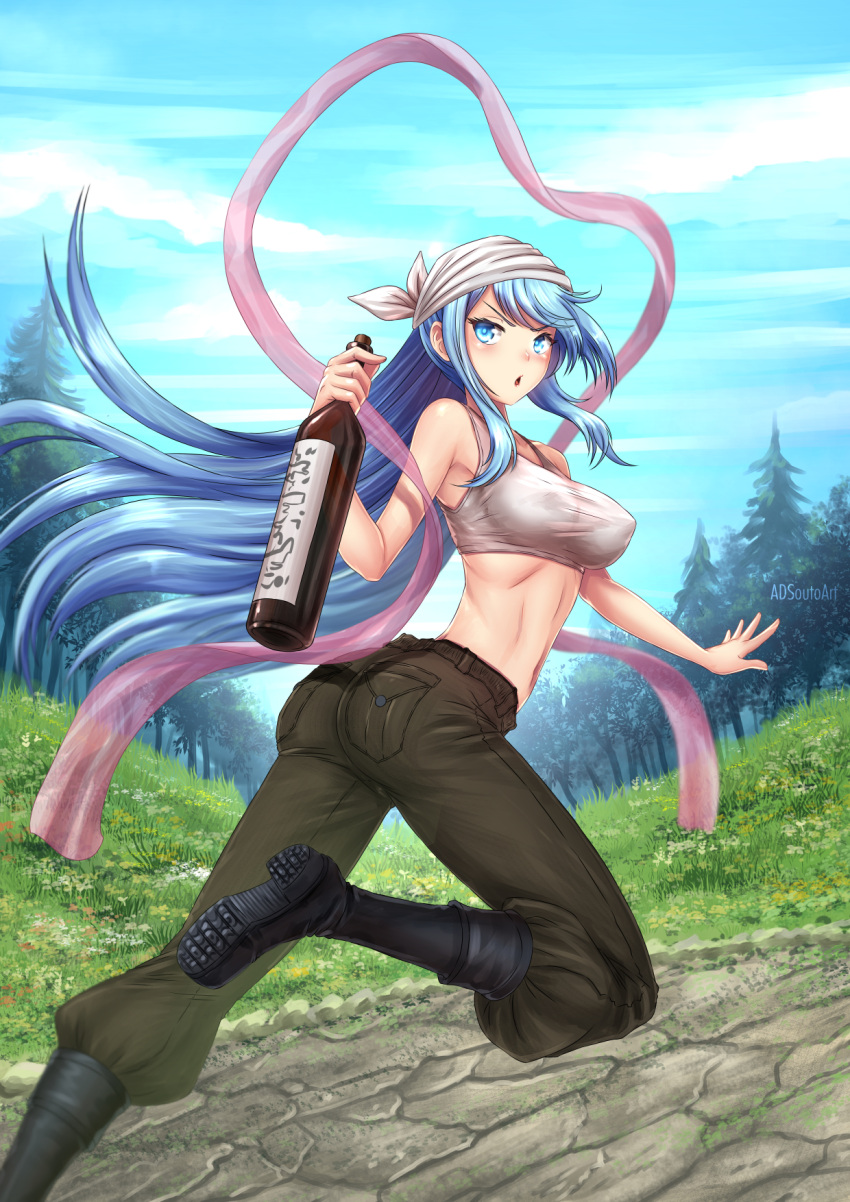 1girl adsouto alcohol alternate_costume aqua_(konosuba) aqua_eyes aqua_hair armpits artist_name ass bandanna bare_shoulders black_legwear boots bottle breasts brown_pants clouds cloudy_sky crop_top day erect_nipples floating_hair forest glowing glowing_weapon grass highres kono_subarashii_sekai_ni_shukufuku_wo! magic medium_breasts midriff nature navel open_mouth outdoors pants sash sky sleeveless solo staff tank_top taut_clothes tree weapon white_tank_top