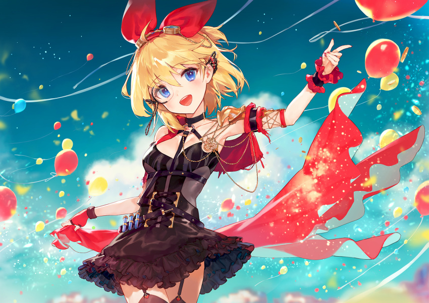 1girl :d ainy77 arm_up balloon bangs black_choker black_dress blonde_hair blue_eyes blue_sky blush breasts character_request choker commentary_request confetti cowboy_shot day dress eyebrows_visible_through_hair fingerless_gloves garter_straps gloves hair_between_eyes hair_ribbon head_tilt highres holding king's_raid looking_at_viewer medium_breasts nail_polish o-ring open_mouth outdoors red_gloves red_nails red_ribbon ribbon short_dress short_hair single_glove sky smile solo standing thighs wrist_cuffs