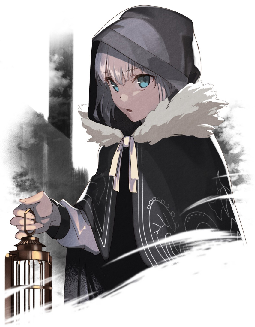 1girl akamiso_(k074510) aqua_eyes birdcage black_cloak cage cloak commentary_request eyebrows_visible_through_hair fate/grand_order fate_(series) fur-trimmed_cloak fur_trim gray_(lord_el-melloi_ii) grey_hair hair_between_eyes highres holding holding_cage hood hood_up hooded_cloak looking_at_viewer lord_el-melloi_ii_case_files open_mouth parted_lips ribbon short_hair solo white_ribbon