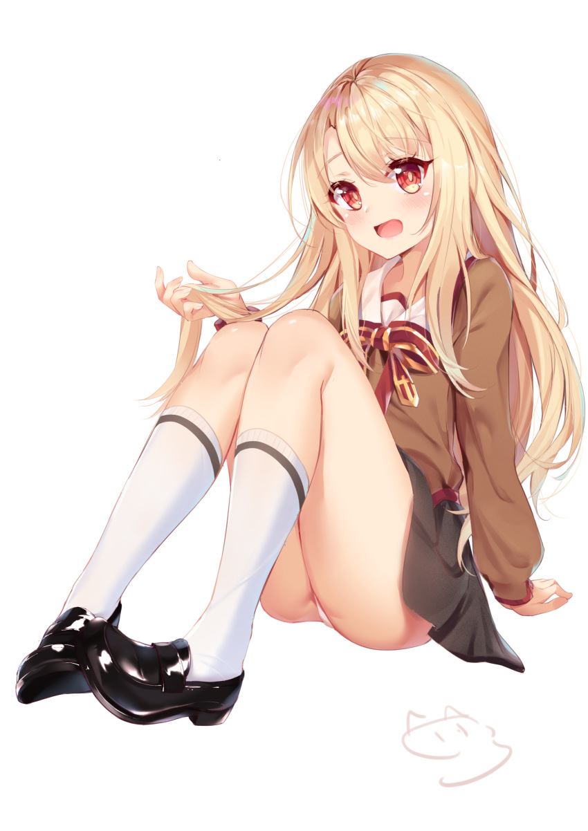 1girl :d ass bangs black_footwear black_skirt blonde_hair blush bow brown_shirt collared_shirt eyebrows_visible_through_hair fate/kaleid_liner_prisma_illya fate_(series) feet fingernails full_body hair_between_eyes hand_up head_tilt highres holding holding_hair homurahara_academy_uniform illyasviel_von_einzbern kneehighs legs loafers long_hair looking_at_viewer nahaki open_mouth panties red_bow red_eyes school_uniform shirt shoes signature simple_background sitting skirt smile solo striped striped_bow underwear very_long_hair white_background white_legwear white_panties