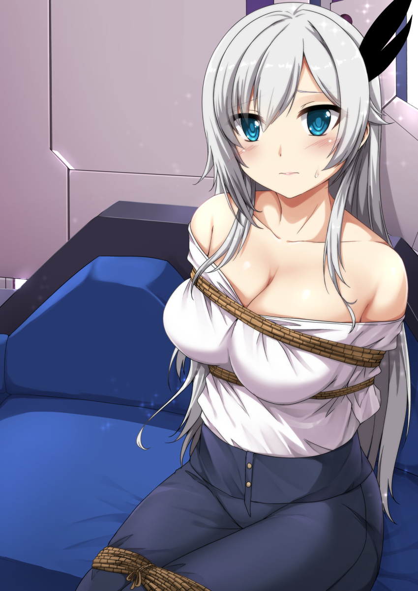 1girl arms_behind_back bangs bare_shoulders bdsm black_pants black_ribbon blue_eyes blush bondage bound breasts cecilia_schariac cleavage closed_mouth collarbone commentary couch english_commentary eyebrows_visible_through_hair grey_hair hair_between_eyes hair_ribbon highres honkai_(series) honkai_impact_3rd indoors large_breasts long_hair looking_at_viewer off-shoulder_shirt off_shoulder pants parted_bangs ribbon rope sheita shiny shiny_hair shirt shirt_tucked_in sidelocks sitting solo sparkle sweatdrop white_shirt window