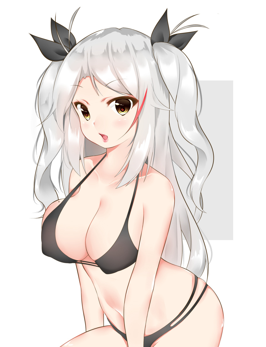 1girl absurdres ayuko_(mochiayuko) azur_lane between_legs bikini black_bikini bow breasts cleavage collarbone cowboy_shot erect_nipples eyebrows_visible_through_hair grey_background hair_bow hand_between_legs highres large_breasts lips long_hair looking_at_viewer midriff mole mole_on_breast multicolored_hair navel open_mouth prinz_eugen_(azur_lane) prinz_eugen_(unfading_smile)_(azur_lane) redhead silver_hair simple_background solo swimsuit twintails two-tone_background two-tone_hair white_background yellow_eyes