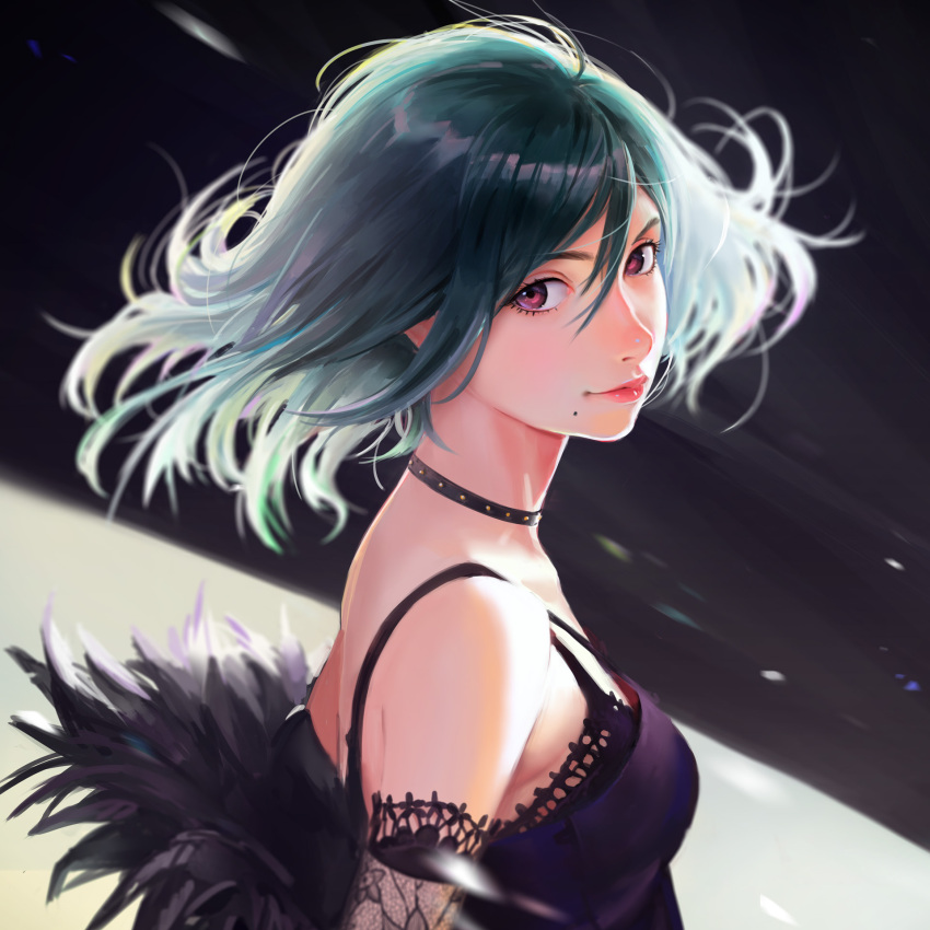1girl arata_yokoyama bare_shoulders black_bra black_choker blue_hair bra breasts camisole choker closed_mouth from_side fur_trim hair_between_eyes highres looking_at_viewer looking_to_the_side medium_breasts medium_hair mole mole_under_mouth original smile solo studded_choker two-tone_background underwear upper_body violet_eyes