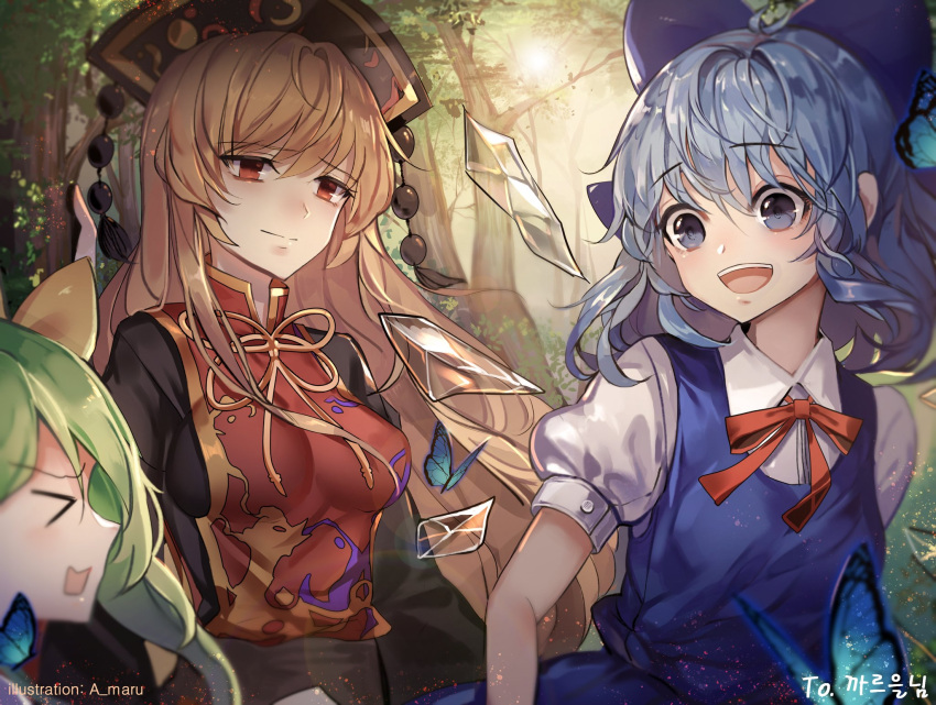 &gt;_&lt; 3girls :d artist_name bangs black_dress black_sash blonde_hair blue_bow blue_dress blue_eyes blue_hair bow breasts bug butterfly cirno commentary_request daiyousei dress eyebrows_visible_through_hair forest from_side hair_between_eyes hair_bow hair_intakes headdress highres ice ice_wings insect junko_(touhou) korean_commentary light_particles light_smile long_hair long_sleeves medium_breasts medium_hair multiple_girls nature neck_ribbon open_mouth outdoors pinafore_dress profile puffy_short_sleeves puffy_sleeves red_eyes red_neckwear red_ribbon ribbon sash shirt short_sleeves side_ponytail signature smile tabard tassel touhou translation_request tree unity_(ekvmsp02) upper_body very_long_hair white_shirt wide_sleeves wings yellow_bow yellow_neckwear yellow_ribbon