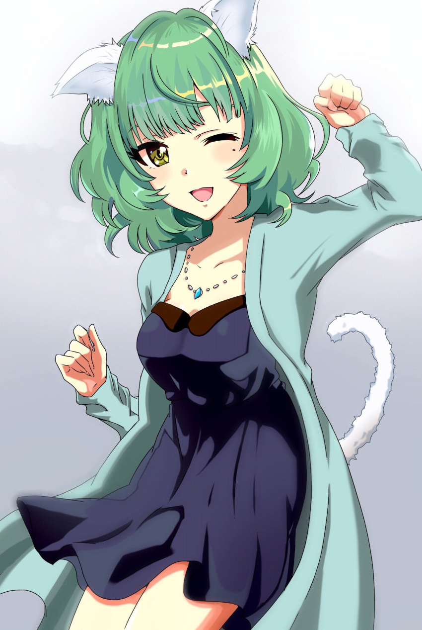 1girl ;d animal_ears blue_dress cat_ears cat_tail collarbone cowboy_shot dress gradient gradient_background green_eyes green_hair grey_background highres idolmaster idolmaster_cinderella_girls jewelry long_hair looking_at_viewer mole mole_under_eye necklace one_eye_closed open_mouth paw_pose shiki_(0802makimari) shiny shiny_hair sleeveless sleeveless_dress smile solo standing strapless strapless_dress tail takagaki_kaede