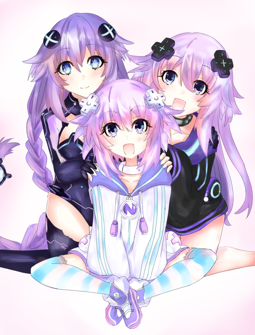 :d absurdres adult_neptune bimmy black_choker blush braid choker d-pad d-pad_hair_ornament full_body hair_between_eyes hair_ornament highres hood hooded_jacket jacket kneeling knees_apart_feet_together leotard long_hair looking_at_viewer medium_hair multiple_persona neptune_(neptune_series) neptune_(series) open_mouth power_symbol purple_hair purple_heart shin_jigen_game_neptune_vii simple_background sitting smile striped striped_legwear symbol-shaped_pupils thigh-highs twin_braids twintails very_long_hair violet_eyes white_choker