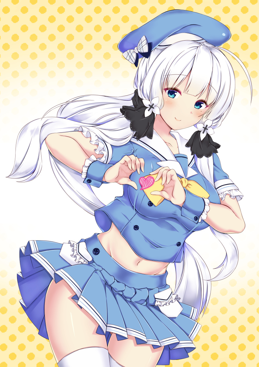absurdres ahoge azur_lane beret blue_bow blue_eyes blue_serafuku blue_skirt blush bow breasts closed_mouth collarbone commentary_request crop_top eyebrows_visible_through_hair floating_hair hair_ribbon hat heart heart_hands highres huge_filesize illustrious_(azur_lane) large_breasts long_hair low_twintails mamizu midriff mole mole_under_eye navel pleated_skirt ribbon short_sleeves sidelocks skirt smile thigh-highs tress_ribbon tri_tails twintails very_long_hair white_hair white_legwear