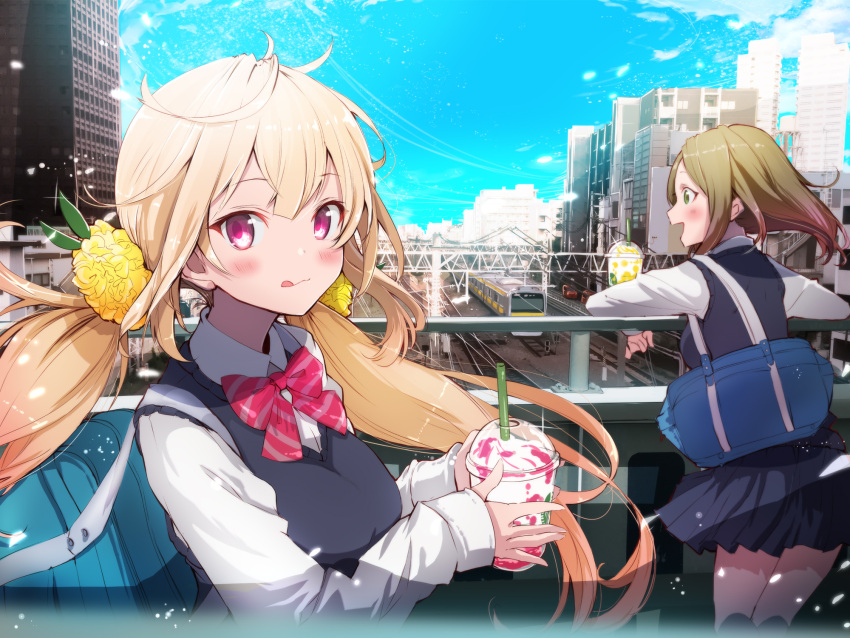 2girls :3 :q ahoge bag black_skirt black_vest blonde_hair blue_sky blush bow bowtie breasts brown_hair building city cityscape closed_mouth clouds collared_shirt commentary_request cup day disposable_cup drinking_straw floating_hair fuku_kitsune_(fuku_fox) green_eyes ground_vehicle hair_ornament hair_scrunchie highres holding holding_cup long_hair long_sleeves looking_at_viewer low_twintails medium_breasts miniskirt multiple_girls nakano_(tokyo) original outdoors overpass pink_eyes pink_neckwear pleated_skirt profile railroad_tracks real_world_location school_bag school_uniform scrunchie shirt sidelocks skirt sky skyscraper smile striped striped_neckwear sweater_vest tokyo_(city) tongue tongue_out train twintails very_long_hair vest white_shirt