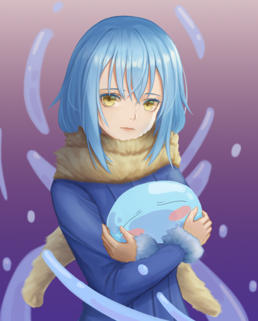 1other androgynous bangs blue_hair blue_jacket blush blush_stickers breasts commentary_request fur_trim hair_between_eyes highres holding jacket long_hair long_sleeves looking_at_viewer rimuru_tempest scarf simple_background slime smile_(dcvu7884) tensei_shitara_slime_datta_ken upper_body yellow_eyes