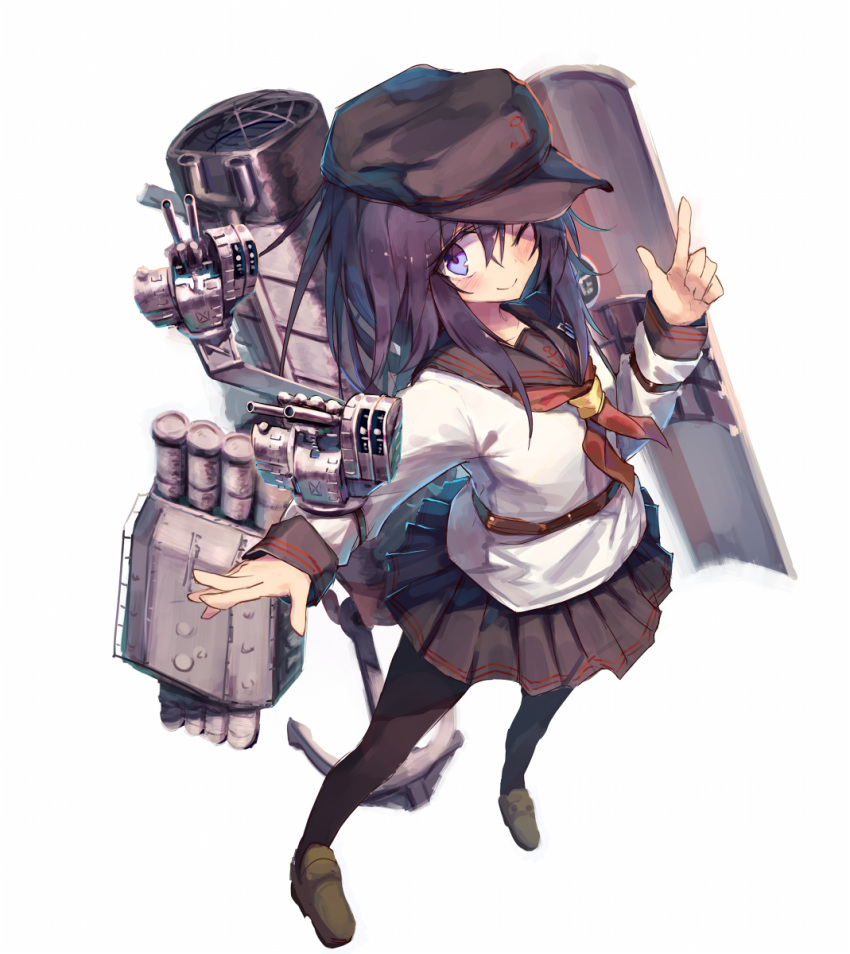 1girl ;) aa_gun akatsuki_(kantai_collection) anchor anchor_symbol beize_(garbage) black_legwear blue_eyes blush brown_legwear cannon flat_cap from_above full_body hair_between_eyes hat highres index_finger_raised kantai_collection loafers long_hair looking_at_viewer machinery neckerchief one_eye_closed pantyhose purple_hair red_neckwear remodel_(kantai_collection) rigging school_uniform serafuku shield shoes simple_background smile smokestack solo torpedo torpedo_launcher turret white_background