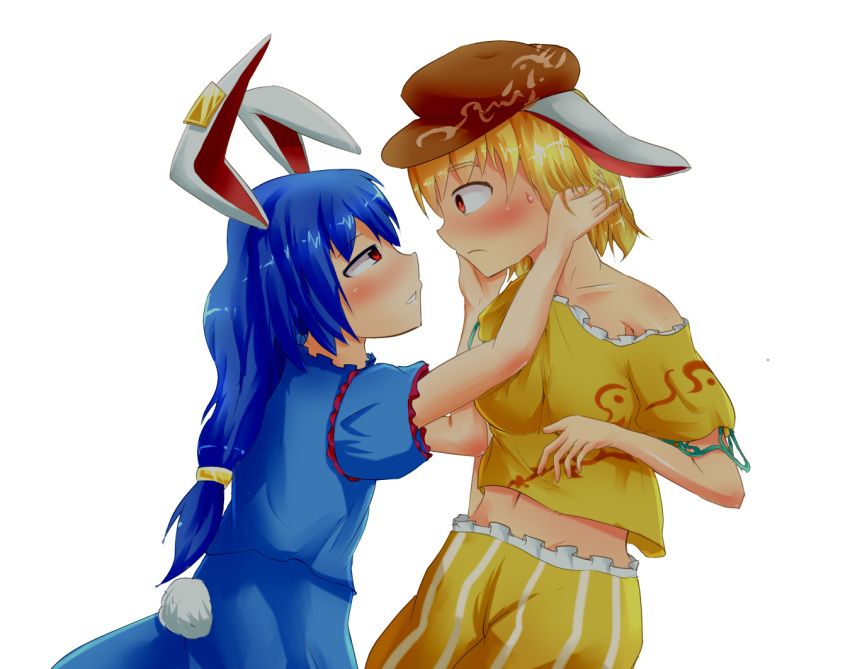 2girls animal_ears blonde_hair blue_dress blue_hair blush breasts brown_headwear bunny_tail cowboy_shot crop_top dress ear_clip eye_contact eyebrows_visible_through_hair flat_cap from_side frown hair_between_eyes hand_in_another's_hair hands_on_another's_face hat long_hair looking_at_another low-tied_long_hair medium_breasts midoriiro_(ryuisaw) midriff multiple_girls navel off_shoulder parted_lips puffy_short_sleeves puffy_sleeves rabbit_ears red_eyes ringo_(touhou) seiran_(touhou) shirt short_hair short_sleeves shorts sideways_mouth simple_background sweat tail thick_eyebrows touhou white_background yellow_shirt yellow_shorts yuri