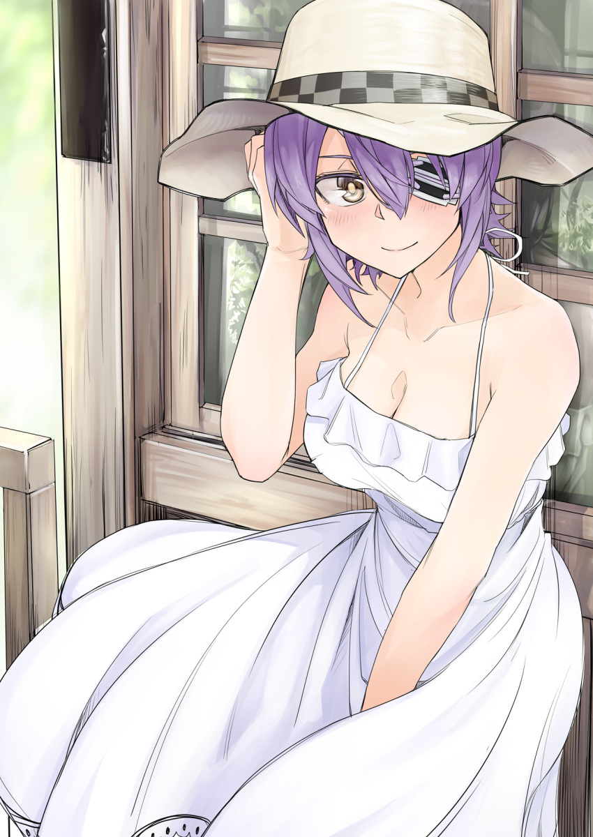 1girl alternate_costume bangs bare_shoulders blush breasts checkered cleavage closed_mouth collarbone commentary_request dress eyepatch hair_between_eyes hat highres kantai_collection looking_at_viewer outdoors purple_hair short_hair smile solo sun_hat tadd_(tatd) tenryuu_(kantai_collection) white_dress window yellow_eyes
