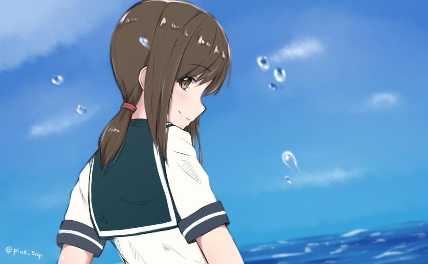 1girl blue_sky brown_eyes brown_hair eyebrows_visible_through_hair from_behind fubuki_(kantai_collection) highres kantai_collection looking_at_viewer low_ponytail saplus school_uniform serafuku short_ponytail short_sleeves sidelocks sky smile solo upper_body