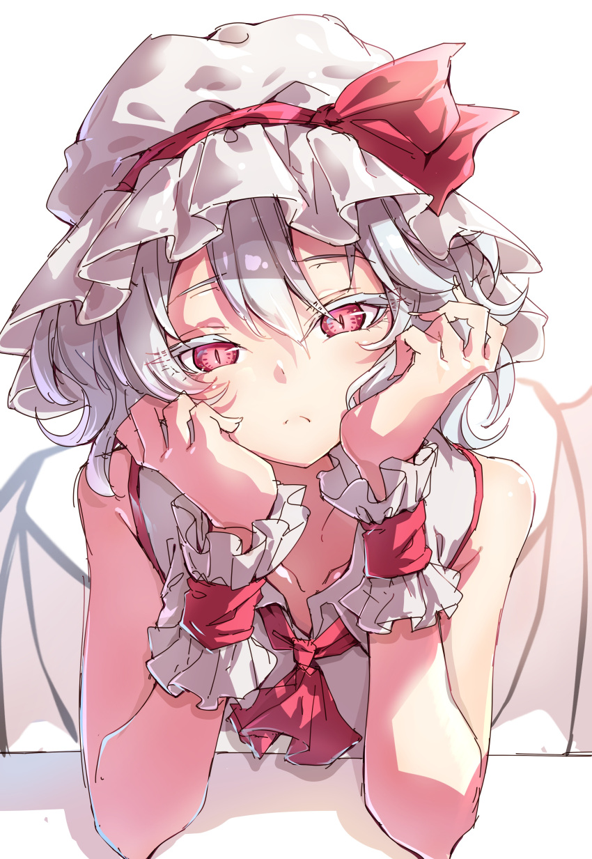1girl absurdres bat_wings closed_mouth collarbone darjeeling_(reley) dress elbow_rest expressionless frilled_shirt frilled_shirt_collar frilled_sleeves frills grey_hair hat head_on_hand highres mob_cap red_eyes red_neckwear remilia_scarlet shirt short_hair slit_pupils solo touhou wings