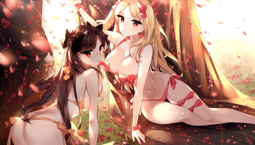 2girls ass bangs bare_shoulders black_bow black_hair blonde_hair blush bow breasts earrings ereshkigal_(fate/grand_order) fate/grand_order fate_(series) hair_bow highres hoop_earrings ishtar_(fate/grand_order) jewelry large_breasts legs lighting long_hair looking_at_viewer multiple_girls navel open_mouth parted_bangs petals red_bow red_eyes thighs touwa_nikuman two_side_up white_background