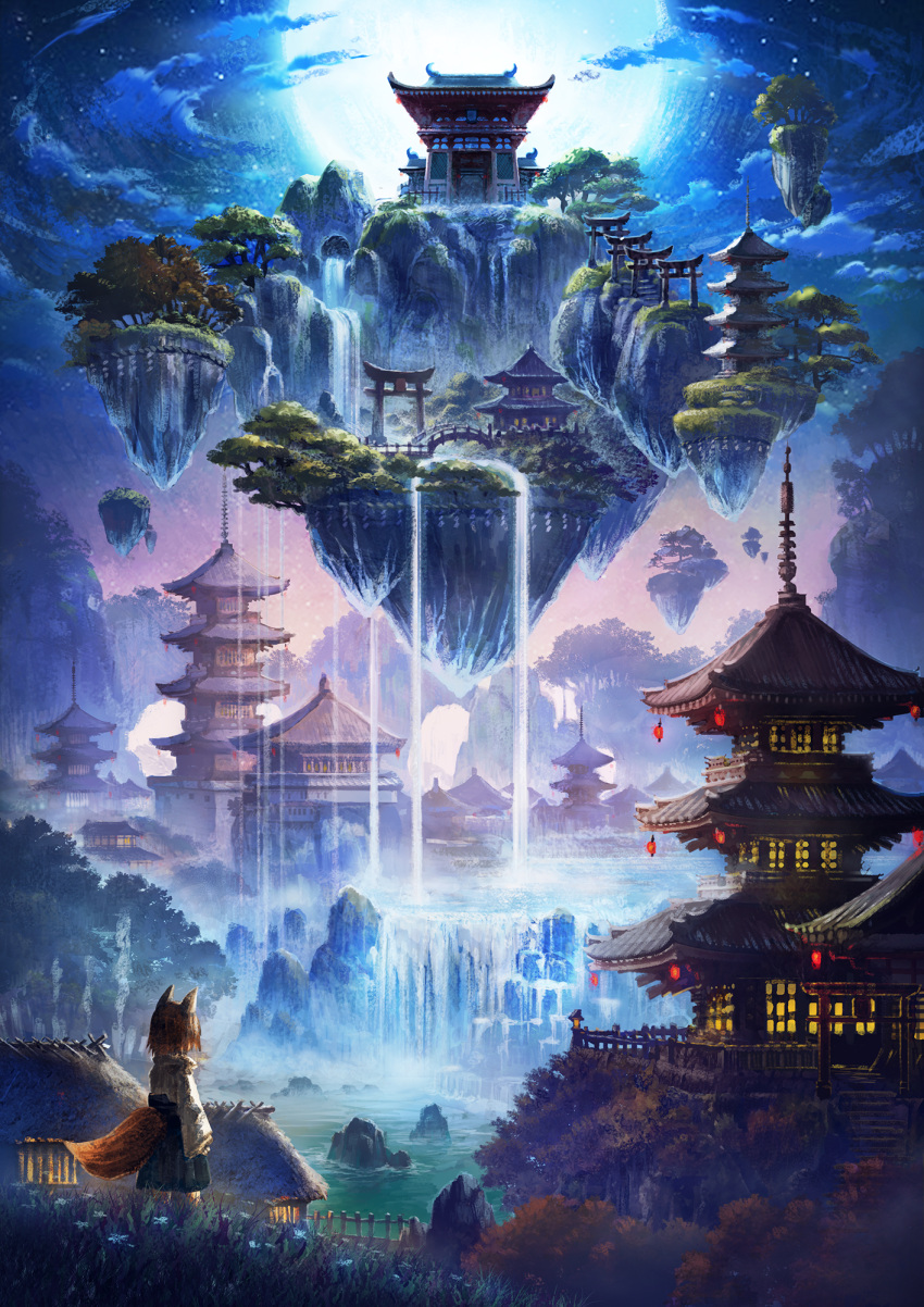 1girl animal_ears arch architecture bridge brown_hair clouds east_asian_architecture fantasy floating_island flower forest fox_ears fox_tail full_moon grass hakama highres japanese_clothes lake lantern moon nature original pagoda scenery short_hair skirt solo stairs star_(sky) tail tami torii tree water waterfall