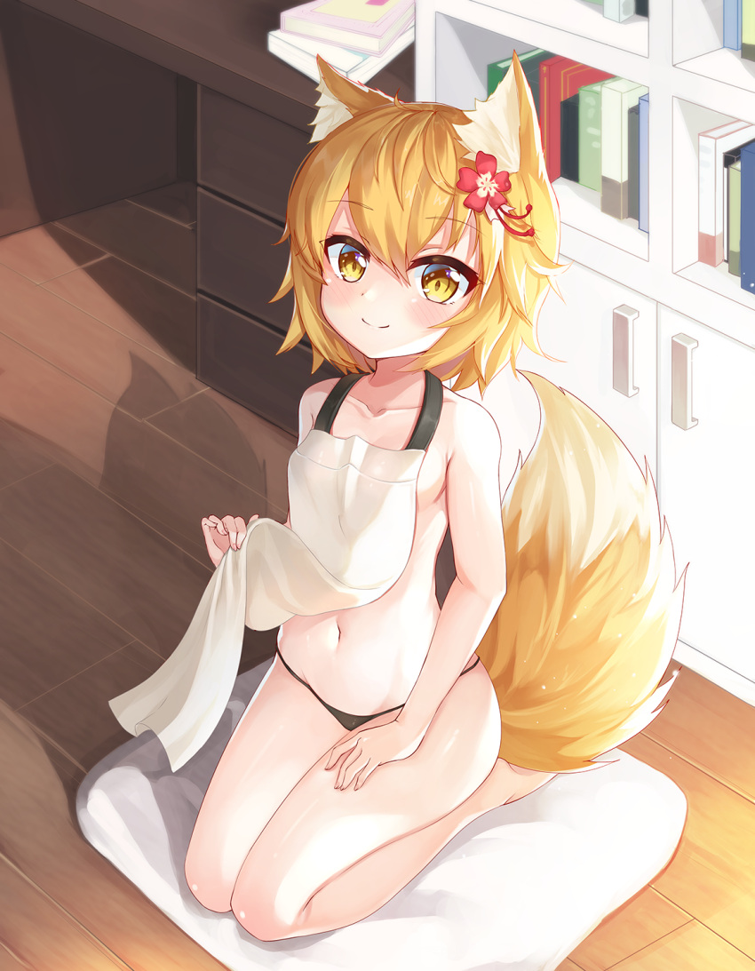 1girl 2drr animal_ear_fluff animal_ears apron apron_lift bangs bare_arms bare_legs bare_shoulders barefoot black_panties blonde_hair blush breasts closed_mouth collarbone commentary_request desk eyebrows_visible_through_hair fingernails flower fox_ears fox_girl fox_tail hair_between_eyes hair_flower hair_ornament highres lifted_by_self looking_at_viewer navel nearly_naked_apron panties red_flower seiza senko_(sewayaki_kitsune_no_senko-san) sewayaki_kitsune_no_senko-san sitting small_breasts smile solo tail tail_raised underwear white_apron wooden_floor yellow_eyes