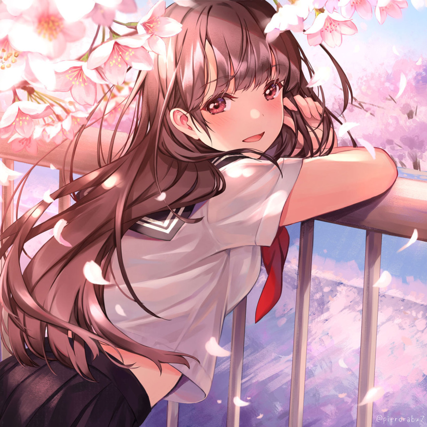 1girl :d black_sailor_collar black_skirt blush breasts brown_hair cherry_blossoms commentary_request fingernails flower hand_in_hair hands_up highres leaning_forward leaning_on_rail long_hair looking_at_viewer looking_back medium_breasts nail_polish open_mouth original petals pierorabu pink_flower pink_nails pleated_skirt railing red_eyes red_neckwear sailor_collar school_uniform serafuku shirt short_sleeves skirt smile solo twitter_username very_long_hair white_shirt