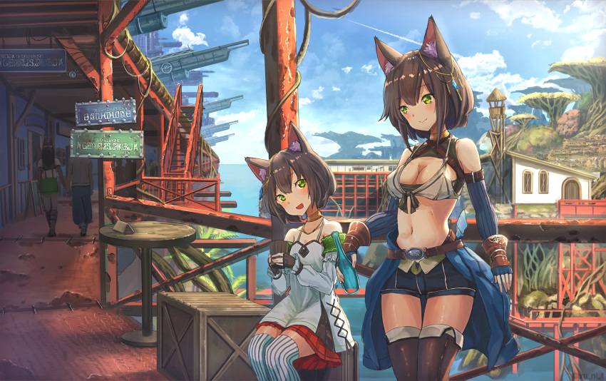 2girls :d animal_ear_fluff animal_ears bare_shoulders belt black_hair black_shorts blue_sky blush bottle breasts brown_gloves brown_legwear building cat_ears cat_girl cleavage clouds collarbone crate crop_top cup day dress fantasy fingerless_gloves front-tie_top gloves hair_ornament hand_holding head_tilt highres holding holding_bottle holding_cup house looking_at_viewer medium_breasts midriff multiple_girls multiple_others navel open_mouth original outdoors short_hair short_shorts shorts sign sitting sky small_breasts smile spaghetti_strap stomach striped striped_legwear sunlight table thigh-highs white_dress white_legwear yu_ni_t