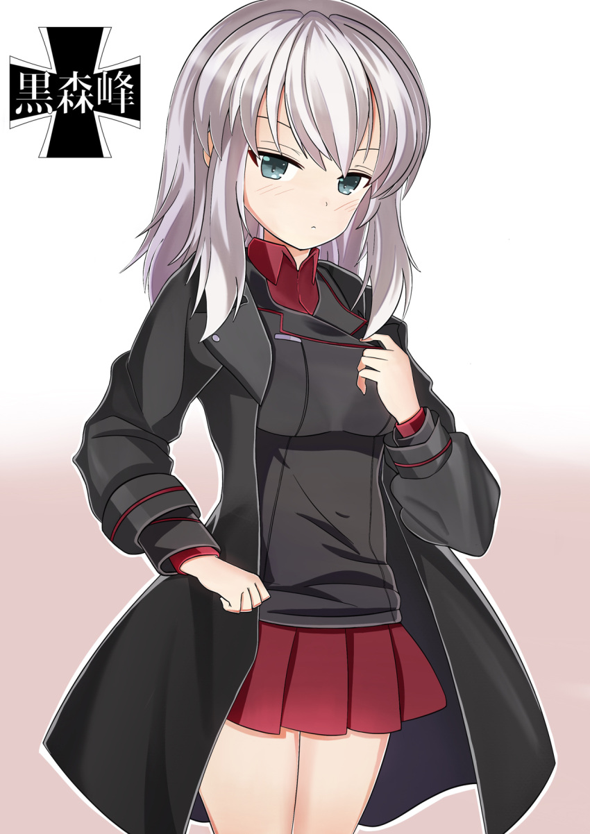 1girl bangs beige_background black_coat black_jacket blue_eyes closed_mouth coat commentary commentary_request cowboy_shot dress_shirt emblem english_commentary frown girls_und_panzer gradient gradient_background highres itsumi_erika jacket kuromorimine_(emblem) kuromorimine_military_uniform light_blush long_hair long_sleeves looking_at_viewer military military_uniform miniskirt open_clothes open_coat pleated_skirt red_shirt red_skirt sapusakti shirt silver_hair skirt solo standing trench_coat uniform wing_collar