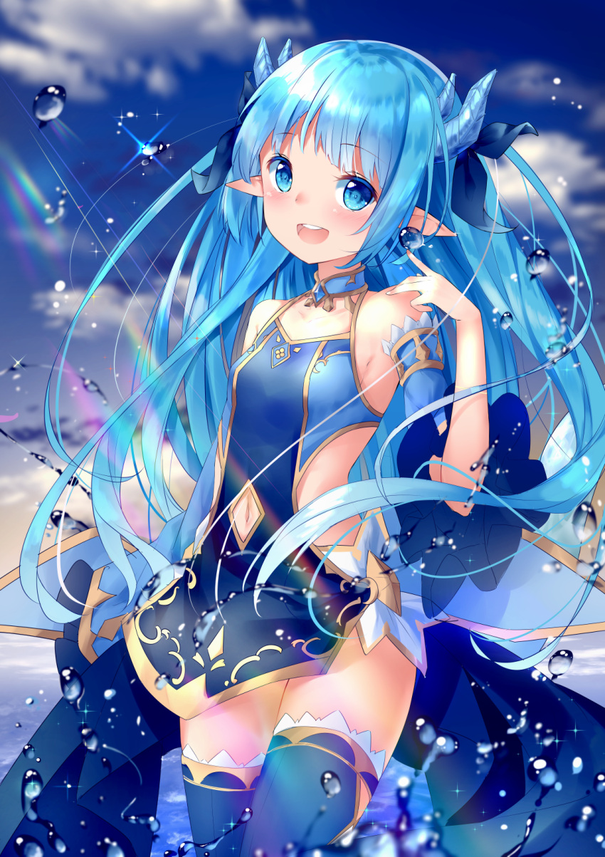 1girl :d bare_shoulders blue_choker blue_dress blue_eyes blue_hair blue_legwear blue_ribbon blue_sky blue_sleeves blurry_foreground blush breasts choker clouds collarbone commentary_request day detached_sleeves dress fingernails hair_ribbon hand_up highres horns king's_raid lilia_(king's_raid) long_hair navel navel_cutout ocean open_mouth outdoors pointy_ears ribbon round_teeth shiraki_shiori short_sleeves sky sleeveless sleeveless_dress small_breasts smile solo teeth thigh-highs upper_teeth very_long_hair water_drop