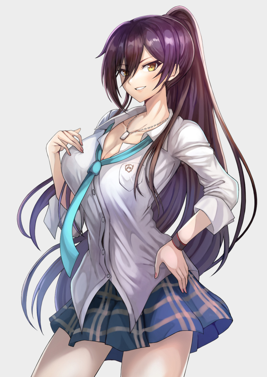 1girl bangs black_hair blush breasts cleavage collarbone dog_tags dress_shirt green_neckwear green_skirt hair_between_eyes hand_on_hip high_ponytail highres idolmaster idolmaster_shiny_colors large_breasts long_hair looking_at_viewer necktie ohako_(ohako1818) parted_lips plaid plaid_skirt pleated_skirt ponytail school_uniform shirase_sakuya shirt simple_background skirt smile solo thighs white_background white_shirt wristband yellow_eyes