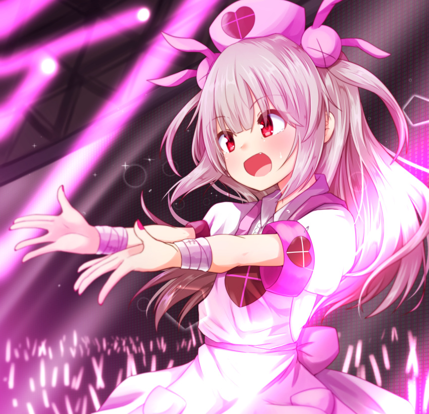 &gt;_&lt; 1girl :d apron armband bandage bandaged_arm bandages baram blurry blurry_background blush brown_hair bunny_hair_ornament commentary_request depth_of_field fang fingernails glowstick hair_ornament hat heart highres long_hair looking_away nail_polish natori_sana nurse_cap open_mouth outstretched_arms pink_apron pink_headwear puffy_short_sleeves puffy_sleeves red_eyes red_nails safety_pin sana_channel shirt short_sleeves smile solo stage_lights two_side_up very_long_hair virtual_youtuber white_shirt