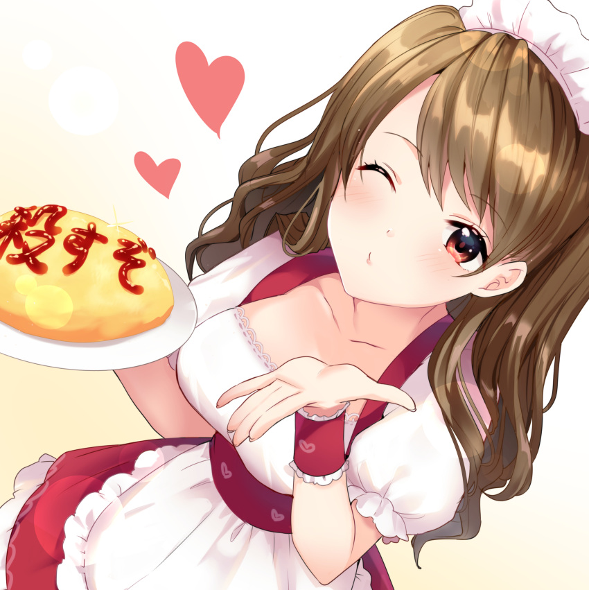 1girl absurdres apron blush breasts brown_hair closed_mouth collarbone commentary_request derori dutch_angle food frilled_apron frills heart highres holding holding_plate long_hair maid maid_headdress medium_breasts omurice one_eye_closed original plate puffy_short_sleeves puffy_sleeves red_eyes red_skirt shirt short_sleeves skirt solo translation_request waist_apron white_apron white_shirt wrist_cuffs