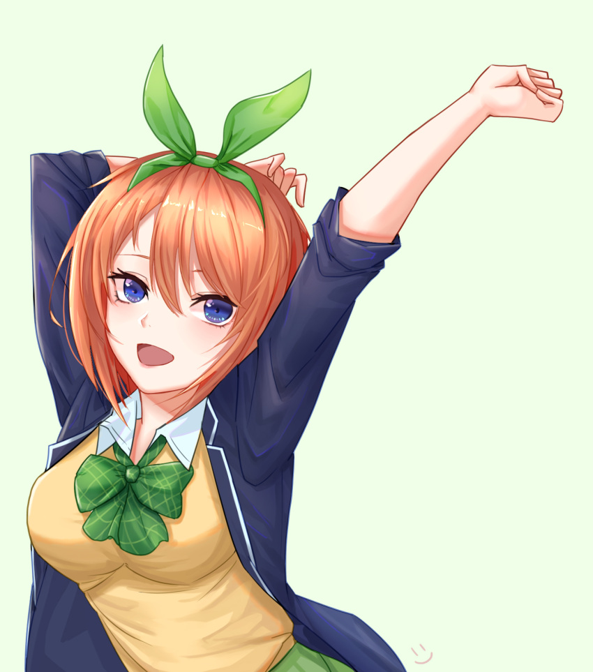 1girl bangs blue_eyes blue_jacket blush bow breasts commentary_request go-toubun_no_hanayome green_bow green_neckwear green_ribbon hair_between_eyes hair_ornament hair_ribbon highres jacket large_breasts looking_at_viewer nakano_yotsuba open_mouth orange_hair ribbon shirt short_hair simple_background sleeves_rolled_up smile smile_(dcvu7884) solo upper_body white_background