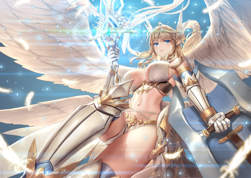 1girl angel angel_wings aselica_(king's_raid) bangs blonde_hair blue_eyes blue_sky breasts cuboon day dress feathers floating_hair flying highres holding holding_shield holding_sword holding_weapon king's_raid large_breasts leg_up light_particles long_hair looking_at_viewer navel outdoors pointy_ears shield sidelocks sky stomach strapless sword thigh-highs weapon wings