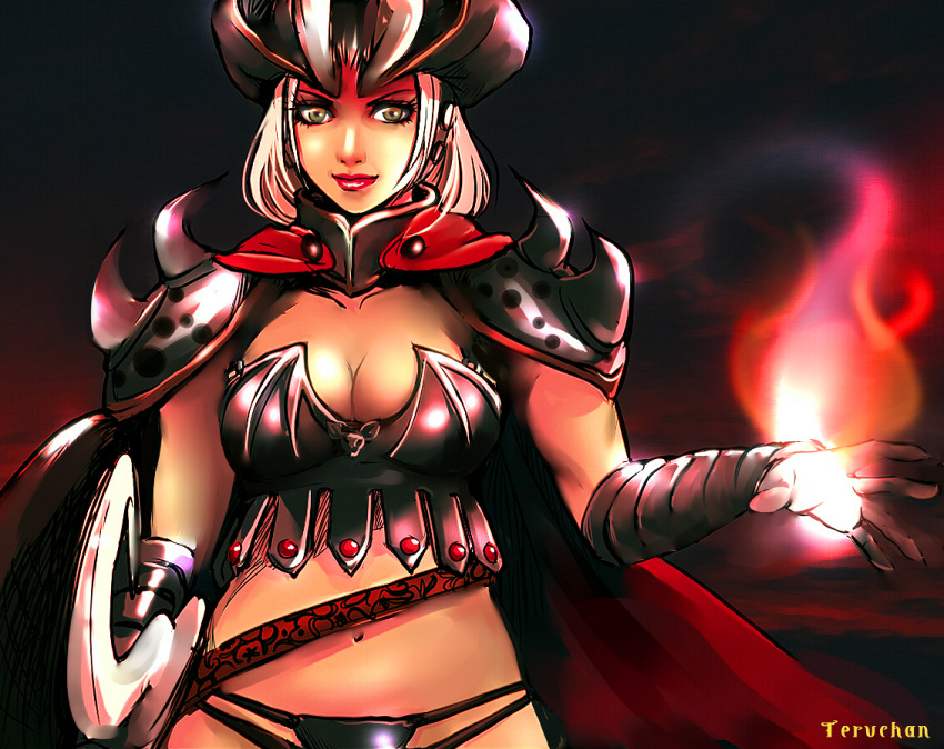 1girl armor artist_name breasts brown_eyes cleavage fire flame knight large_breasts midriff navel original short_hair smile solo teruchan white_hair