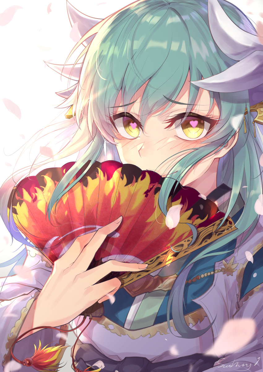 1girl aqua_hair bangs blush breasts commentary_request dragon_horns eyebrows_visible_through_hair face fan fate/grand_order fate_(series) green_hair hair_between_eyes highres holding holding_fan horns japanese_clothes kaer_sasi_dianxia kimono kiyohime_(fate/grand_order) leaf long_hair long_sleeves looking_at_viewer simple_background smile solo white_background white_horns yellow_eyes