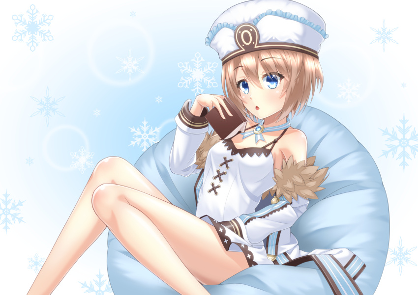 1girl bare_legs bare_shoulders blanc blue_background blue_eyes blush book brown_hair coat commentary_request dress fur-trimmed_coat fur_trim hat highres holding holding_book legs neptune_(series) open_mouth sakaki_jin'ya short_hair sitting snowflake_background solo spaghetti_strap thighs white_dress