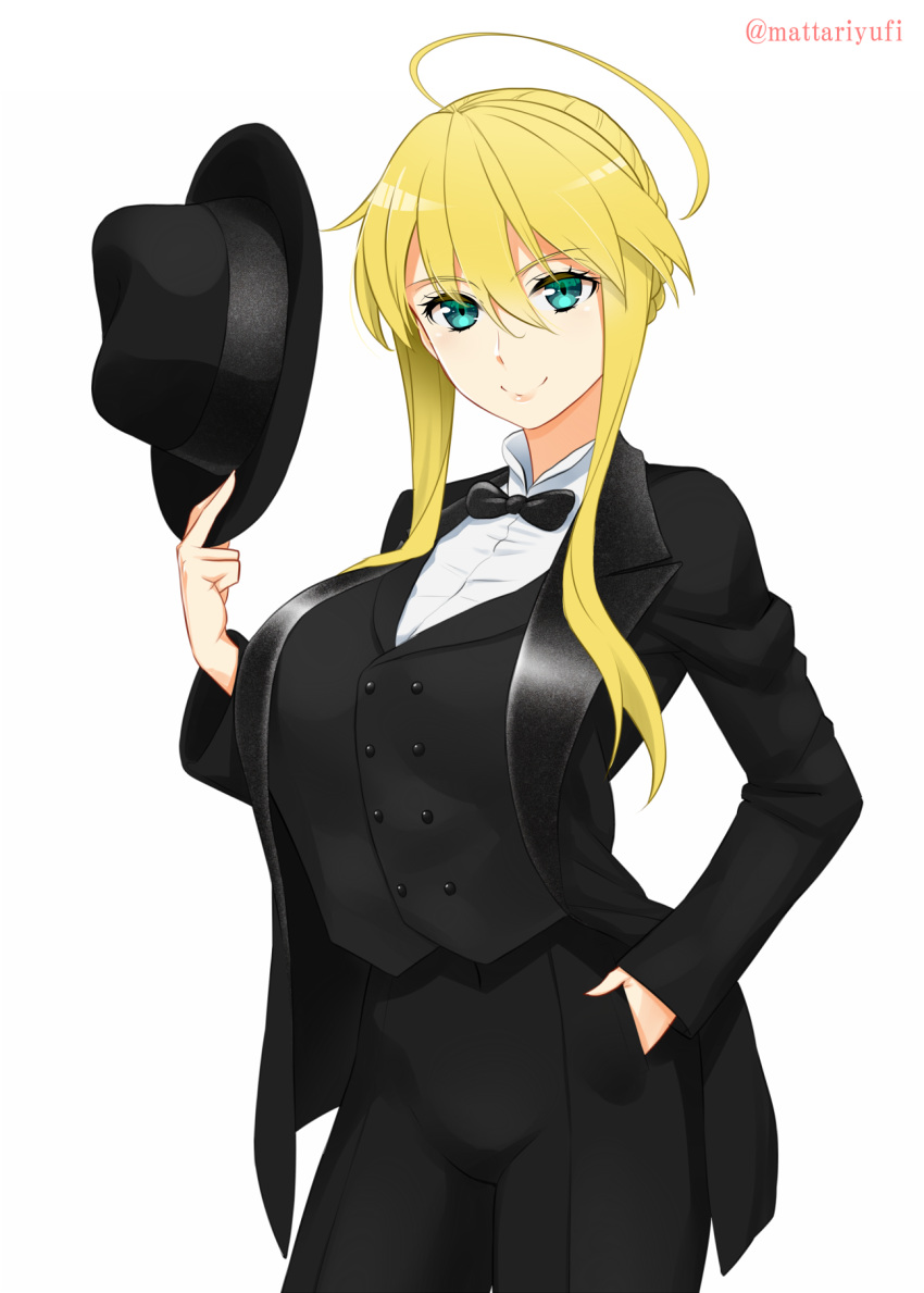 1girl ahoge artist_name artoria_pendragon_(all) artoria_pendragon_(lancer) bangs black_headwear black_jacket black_pants black_vest braid breasts buttons closed_mouth fate/grand_order fate_(series) fedora formal french_braid green_eyes hair_between_eyes hat hat_removed headwear_removed highres jacket large_breasts long_hair long_sleeves looking_at_viewer mattari_yufi open_clothes open_jacket pants sidelocks simple_background smile solo suit vest white_background