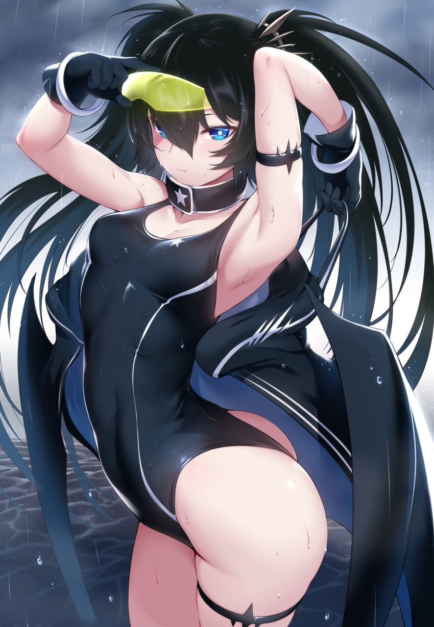 1girl arched_back armlet armpits arms_up ass black_gloves black_hair black_rock_shooter black_rock_shooter_(character) black_swimsuit breasts bright_pupils cowboy_shot eyebrows_behind_hair fanbox_reward gloves hair_between_eyes highres long_hair m-da_s-tarou one-piece_swimsuit outdoors paid_reward rain small_breasts solo swimsuit thighlet twintails twisted_torso visor wet wet_hair white_pupils
